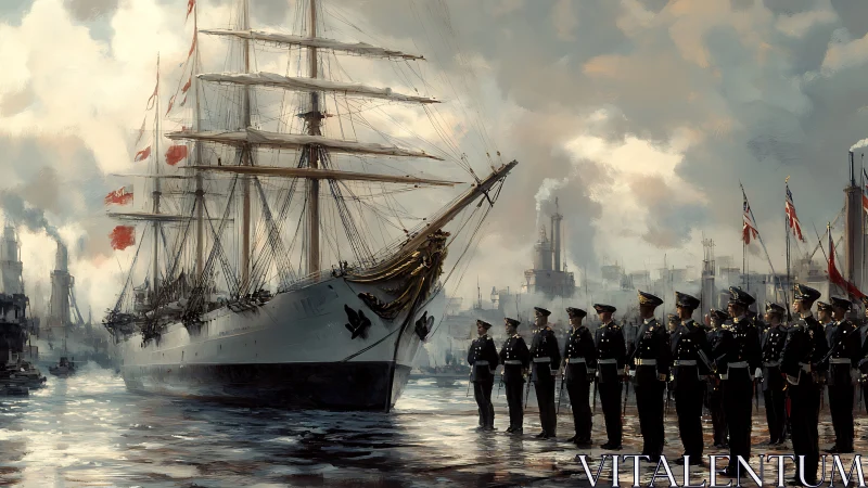 Tall ship salutes a polished naval line beneath smokey skies