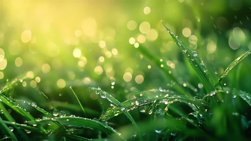 Dewlit grass blades under sunrise bokeh glow.