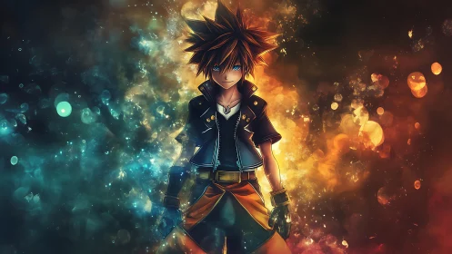 Starlit anime warrior amid blue flame and ember clouds.