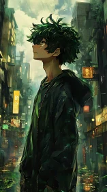 Green-haired dreamer studies neon weather above wet streets