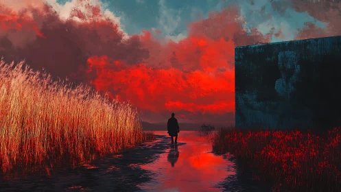 Silhouetted figure crosses flooded path under incendiary sky