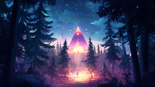 Glowing triangle portal illuminates dense night forest