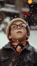 Snow-dazed wonder kid under a first flurry sky.
