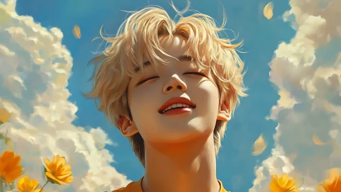Blond youth smiling in golden flower field under sky.