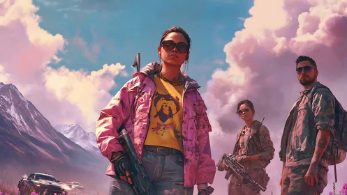 Neon wasteland vanguard strides beneath candy warclouds.