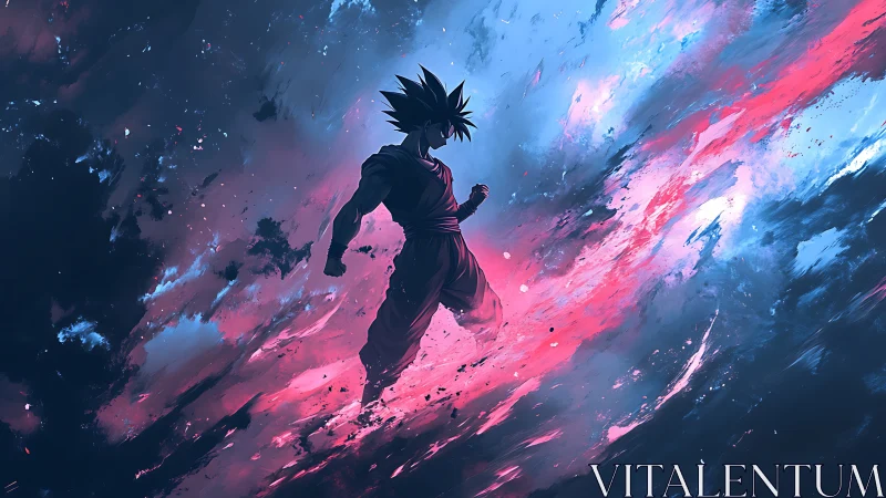 Silhouetted fighter amid blue and pink abstract energy field.