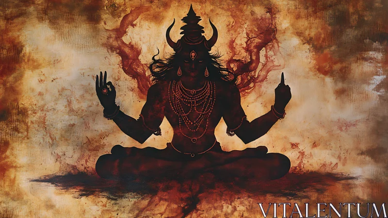 Silhouetted multiarmed deity figure sits in fiery meditation