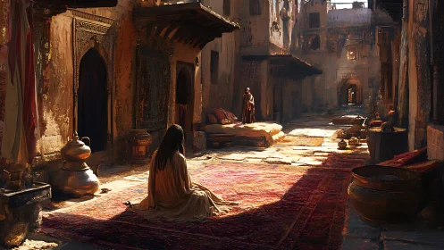 Sunlit desert alley with woven rugs and seated figure.