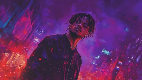 Neon drenched city portrait captures moody urban confidence