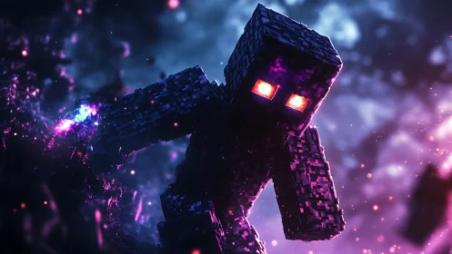 Voxel ender golem advances through luminous nebula haze
