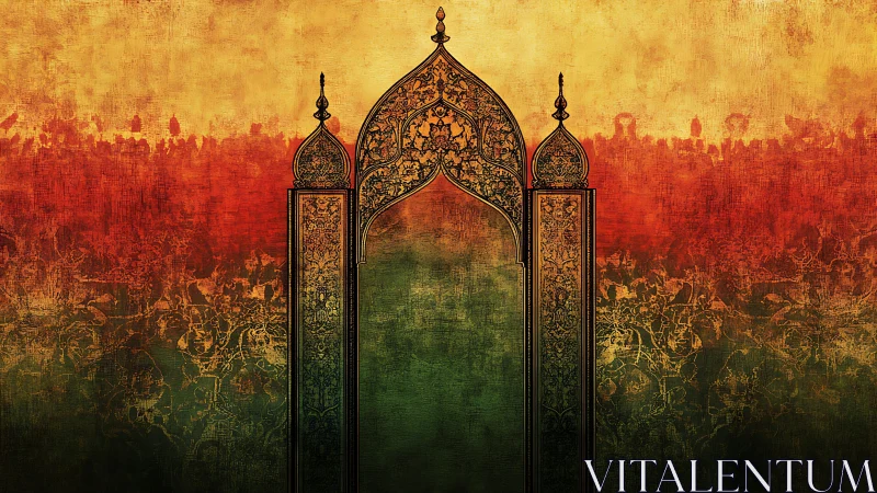 Ornate archway silhouette over textured sunset field.