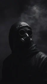 Shadowbound stranger in gas mask wrapped in midnight fog.
