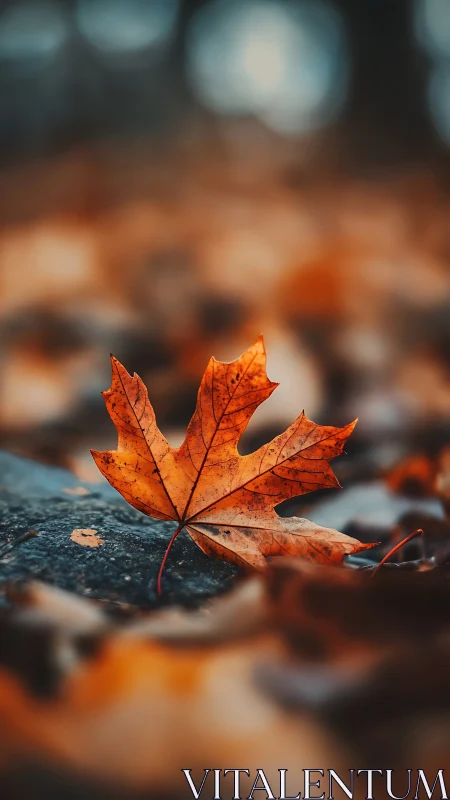 Crisp maple leaf on wet stone, shallow depth autumn macro study.