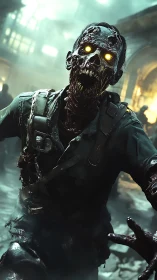 Glowing eyed zombie lunges forward in a ruined city street