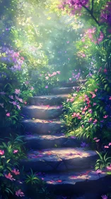 Stone steps ascend through dense flowering garden foliage