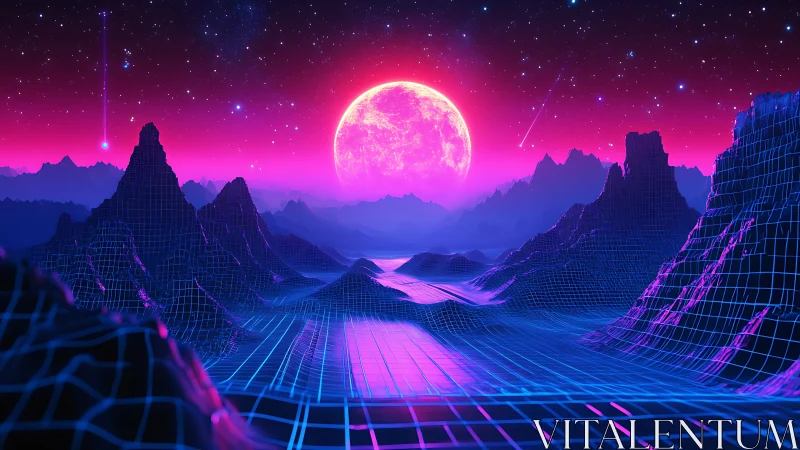 Neon retrofuturist landscape under glowing magenta moon.