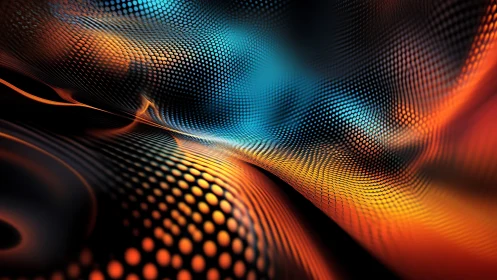 Glowing waves of digital dots flow in bright orange and blue