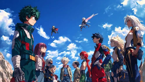 Anime heroes confront across open field under blue sky