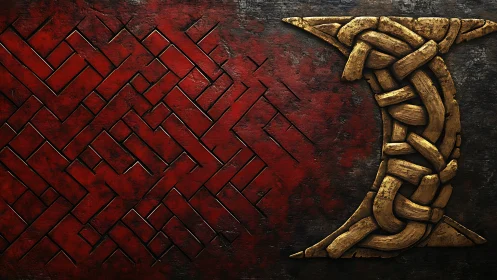 Braided golden sigil slicing through woven crimson geometry.