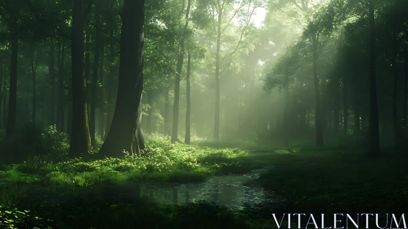 Misty Forest Stream: Volumetric Light Through Verdant Woodland.