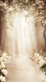Wooden aisle framed by white blossoms and soft sun rays