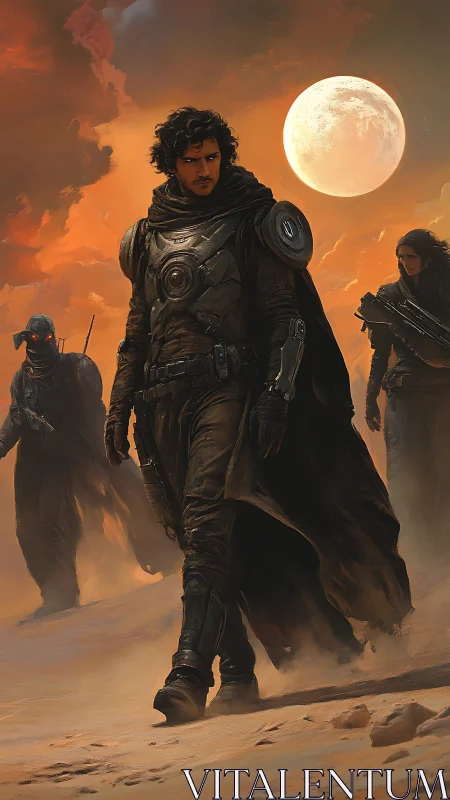 Desert warrior trio under colossal moonlit sky.