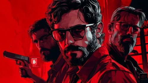 Bold trio stands defiant in a tense red crime-noir scene