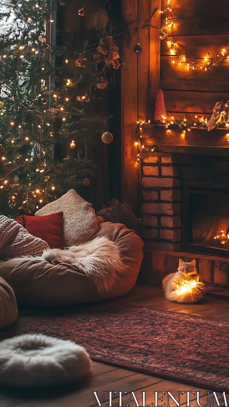 Cozy holiday nook with glowing cat and twinkling tree.