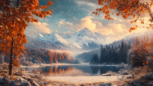 Digital painting of alpine lake with autumn snow framing.
