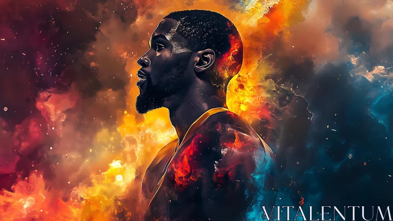Profile portrait of male athlete in fiery nebular explosion
