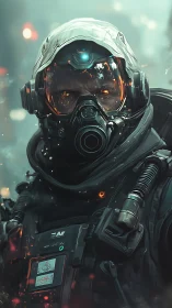 Armored sci fi soldier wears gas mask and illuminated visor