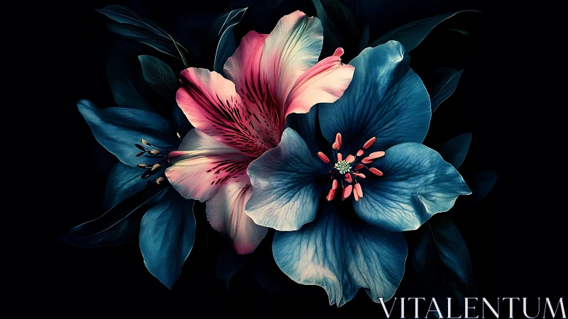 Blue and Pink Floral Petals Against Black Background.
