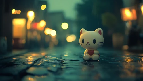 Toy cat figure on wet cobblestone street at night.
