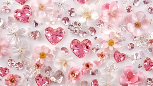 Shimmering pink crystal hearts amid delicate floral bloom.