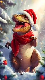 Santa-clad baby T-rex roars with holiday mischief in snow.