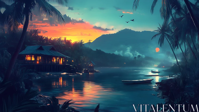 Tropical Paradise at Dusk: Glowing Home by the Water.