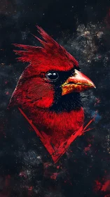 Stylized red cardinal head rendered over dark space field