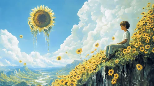 Solitary boy on cliffside sunflower field under surreal sky