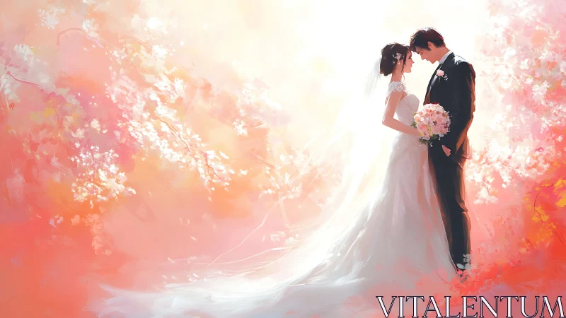 Soft spring light wraps a tender wedding couple in gentle bloom