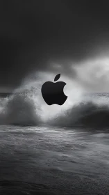 Apple logo rises above stormy monochrome ocean waves