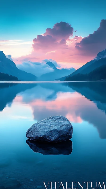 Calm mountain lake at dawn with rock and cloud reflections.