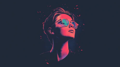 Person in neon-lit portrait looks upward wearing sunglasses