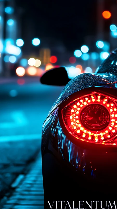 Rear LED supercar tail light in neon blue urban night street