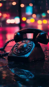 Retro rotary phone glowing in rainy neon city night.