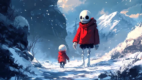 Gentle skeleton guardians wandering through snowy peaks.