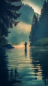 Silhouette of lone angler standing in misty forest river.