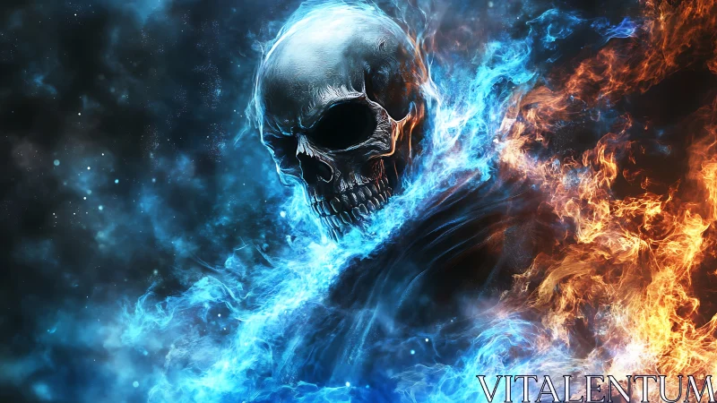 Flaming skull emerges between blue frost and orange fire