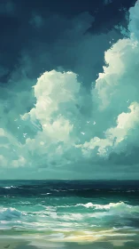 Storm-lit turquoise seascape under towering cumulus clouds.