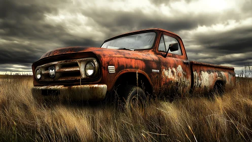 Weathered rusted pickup truck in overgrown prairie field