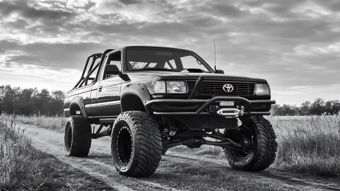Lifted off-road pickup truck dominates rural dirt track.